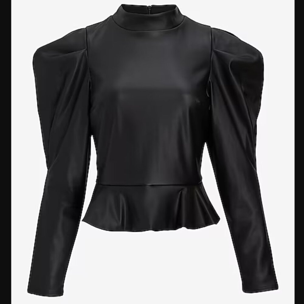 NWT Express XS Faux Leather Mock Neck Puff Sleeve Peplum Top